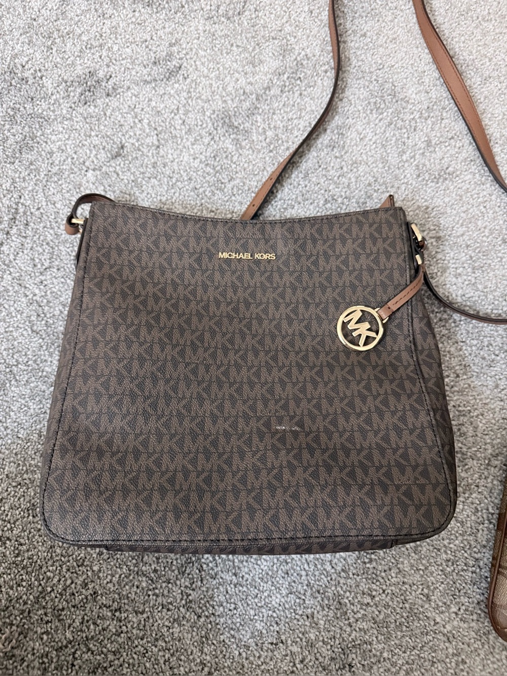 Michael Kors Brown Monogram Crossbody with Gold Logo Charm
